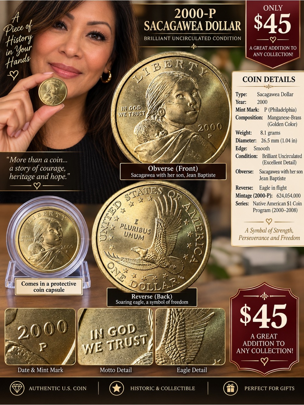Sacagawea Dollar Collector Coin - Golden Brass Finish (2000-P)
